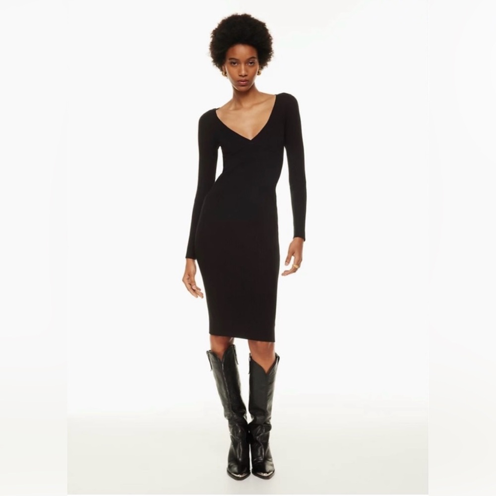 Wilfred Aritzia Gabrielle sweater dress XL black midi ribbed bodycon v-neck NWT - Picture 3 of 10